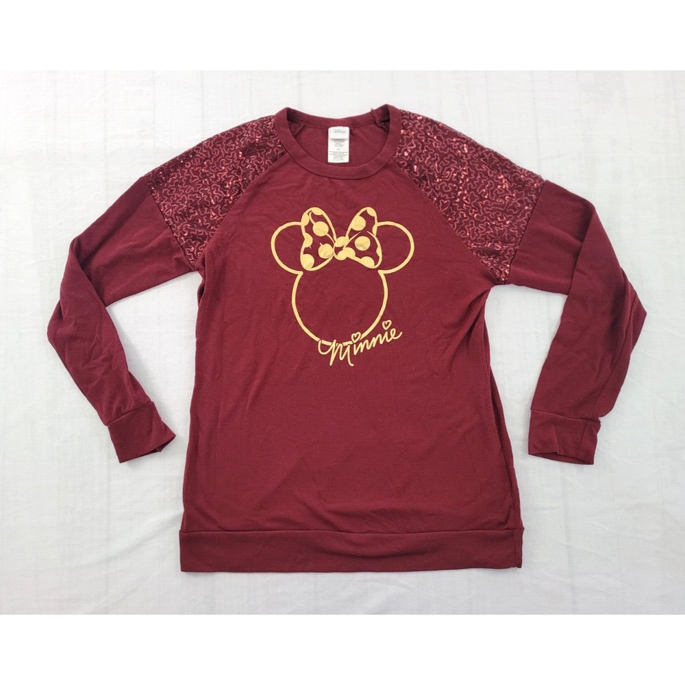 Disney Minnie Mouse Maroon Red Sequin Sleeve Pullover Sweater Blouse L